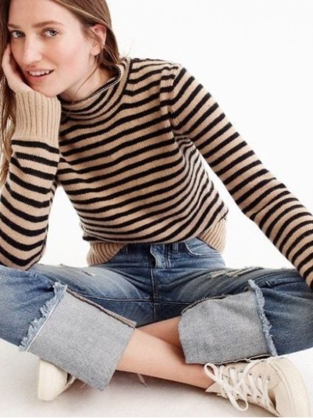 J. Crew Wool Striped Mock-neck Sweater in Tan and Black